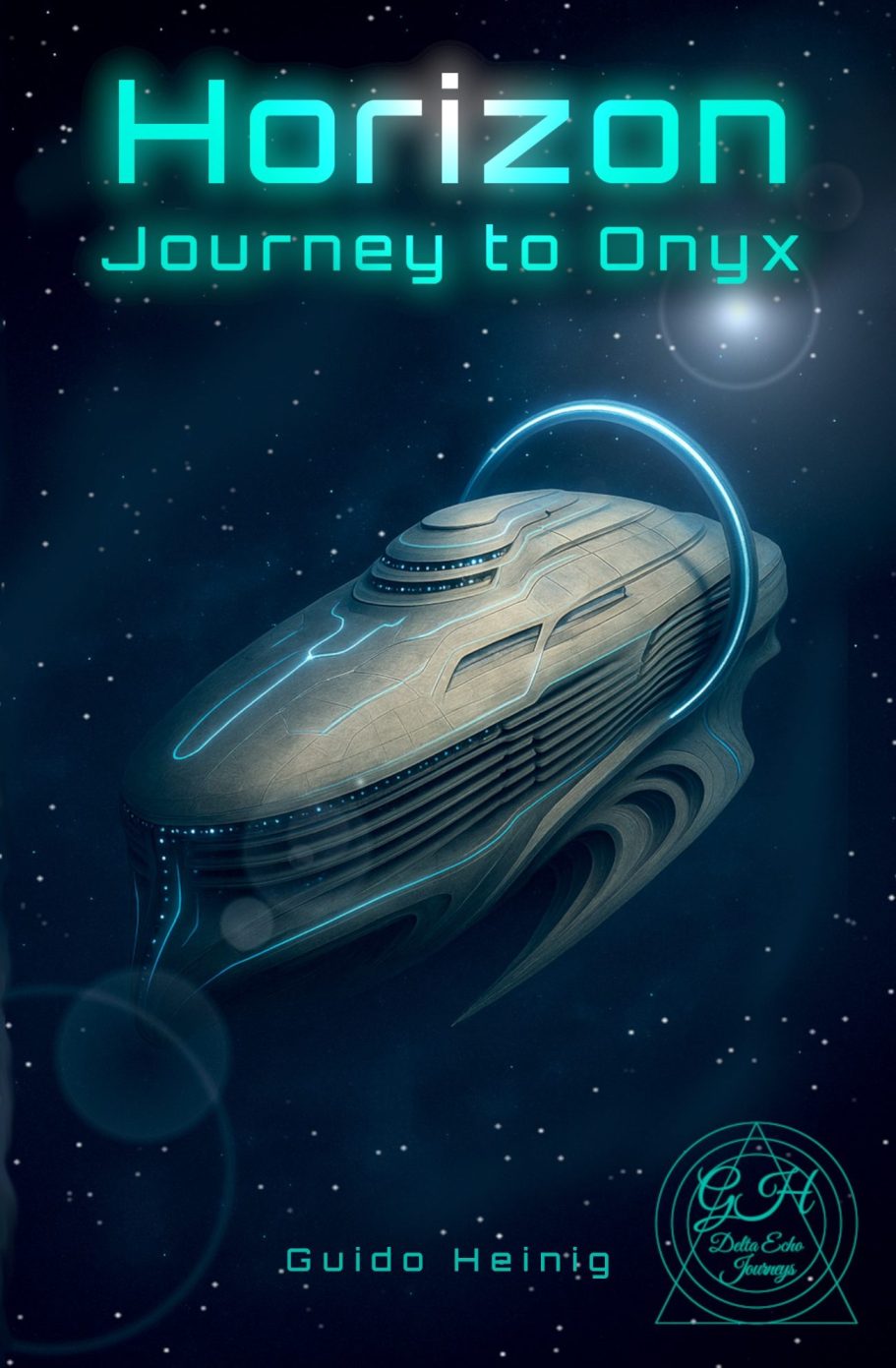 Spaceship in deep space with stars in the background and the title of the novel.