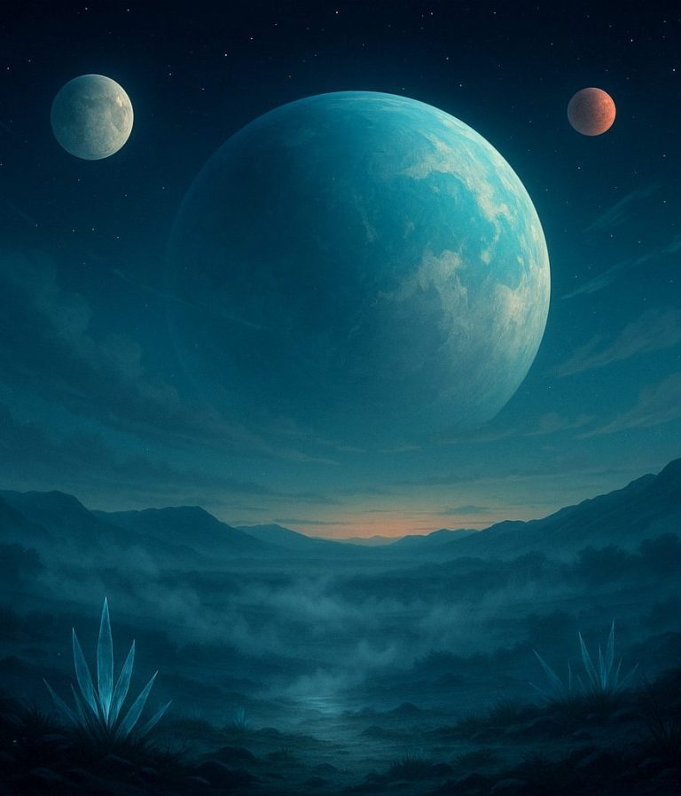 a landscape with three moons in the sky