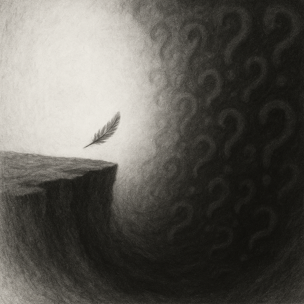 a feather on a cliff with questionmarks in the abyss