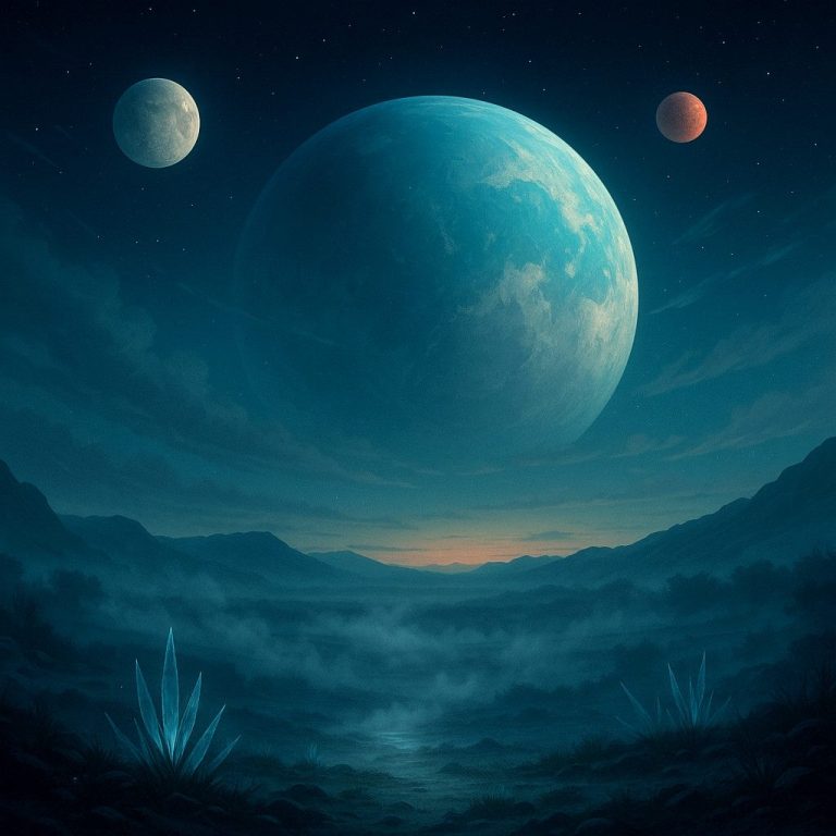 a landscape with three moons in the sky