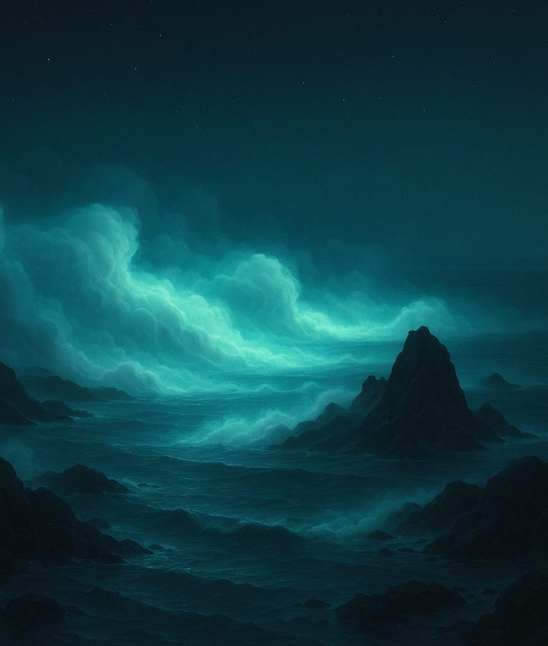 coastline with rocks and fog on the water
